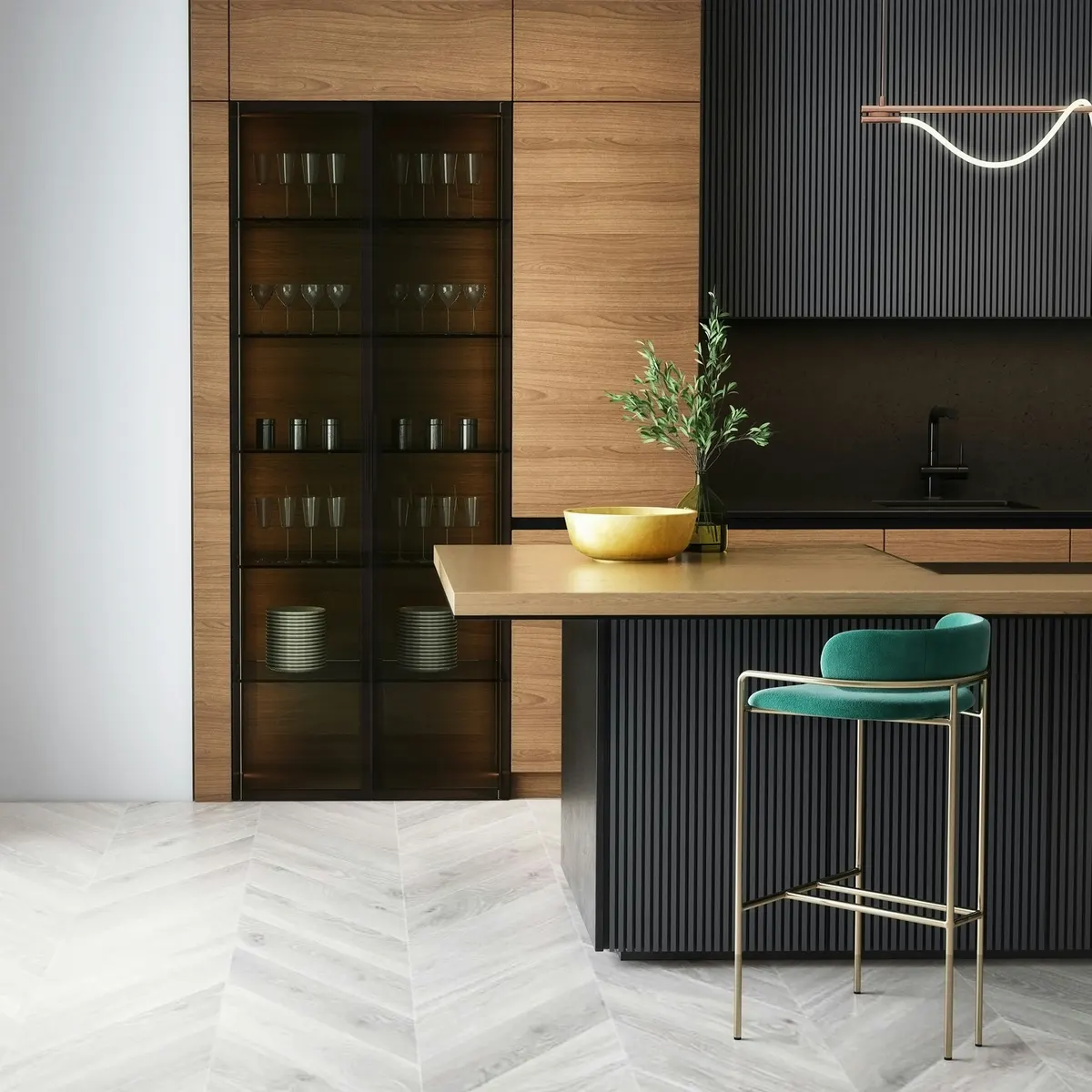 Kök med träfronter och mörka detaljer